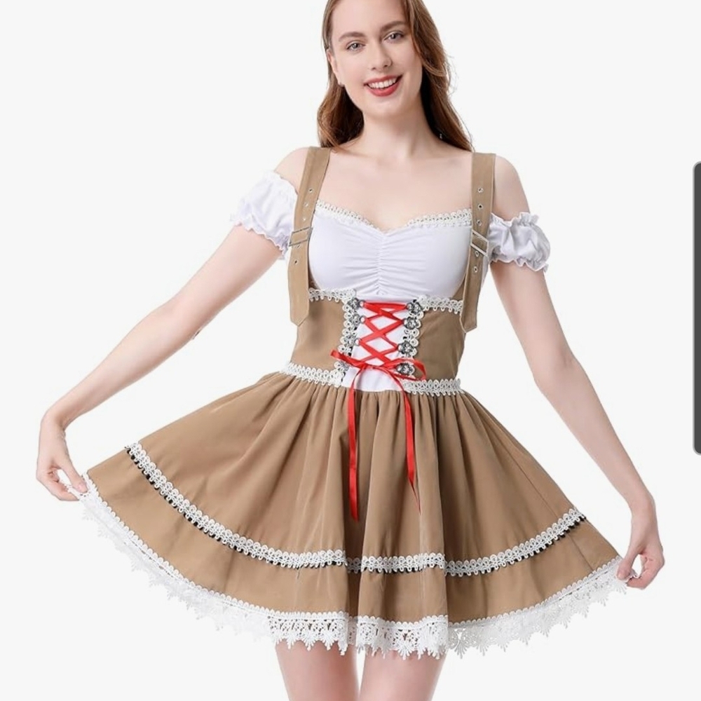 Octoberfest/ Renaissance Dirndl Tan and White Dress with Red Accents Size Med